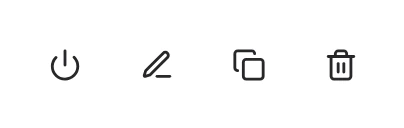 Four round icon buttons in a row: a power symbol, a pencil, two overlapping squares and a trash can