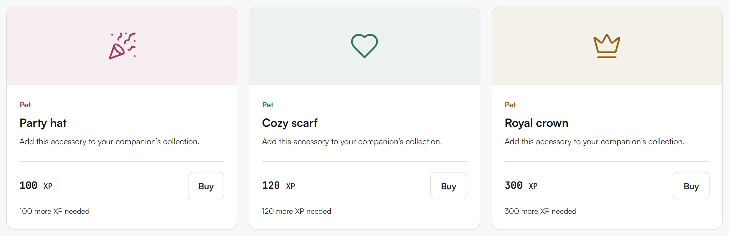 Three accessory cards, Party hat, Cozy scarf and Royal crown, each with a Pet label, a description, its XP cost, the number of XP still needed and a Buy button