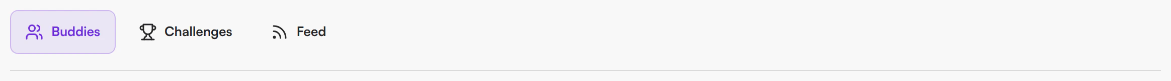 Row of three tabs with icons: Buddies (selected), Challenges and Feed
