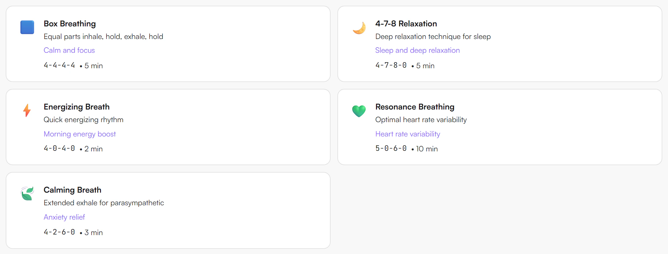 Breathing cards for Box Breathing, 4-7-8 Relaxation, Energizing Breath, Resonance Breathing and Calming Breath, each with its four-number timing pattern and minutes