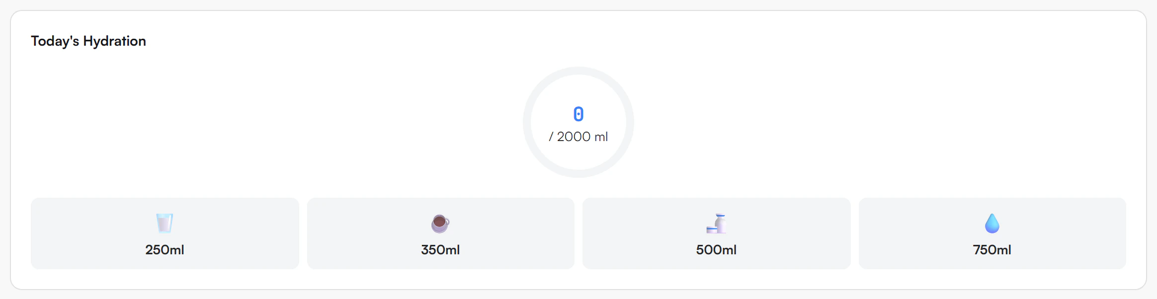 Today's Hydration card with a ring showing 0 of 2000 ml, and four container buttons labelled 250ml, 350ml, 500ml and 750ml