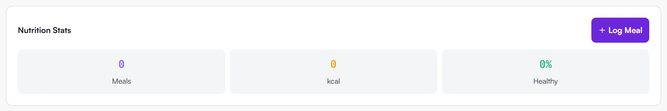 Nutrition Stats card with a Log Meal button at the top right and three tiles showing Meals, kcal and Healthy percentage