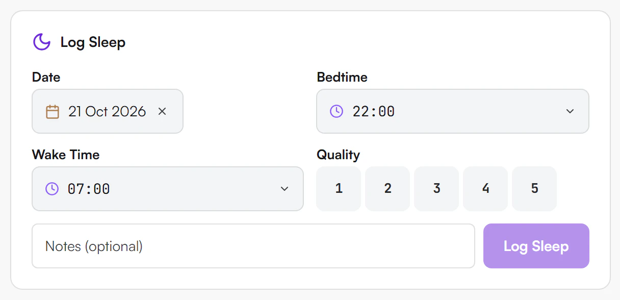 Log Sleep form with Date, Bedtime and Wake Time fields, quality buttons 1 to 5, a Notes field and a Log Sleep button