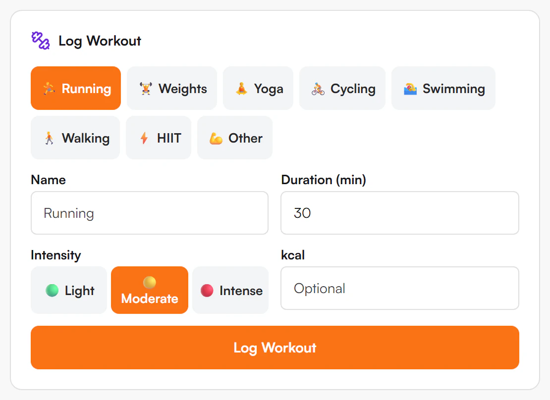 Log Workout form with eight workout type buttons, a Name field, a Duration (min) field, three intensity buttons and an optional kcal field, and a Log Workout button