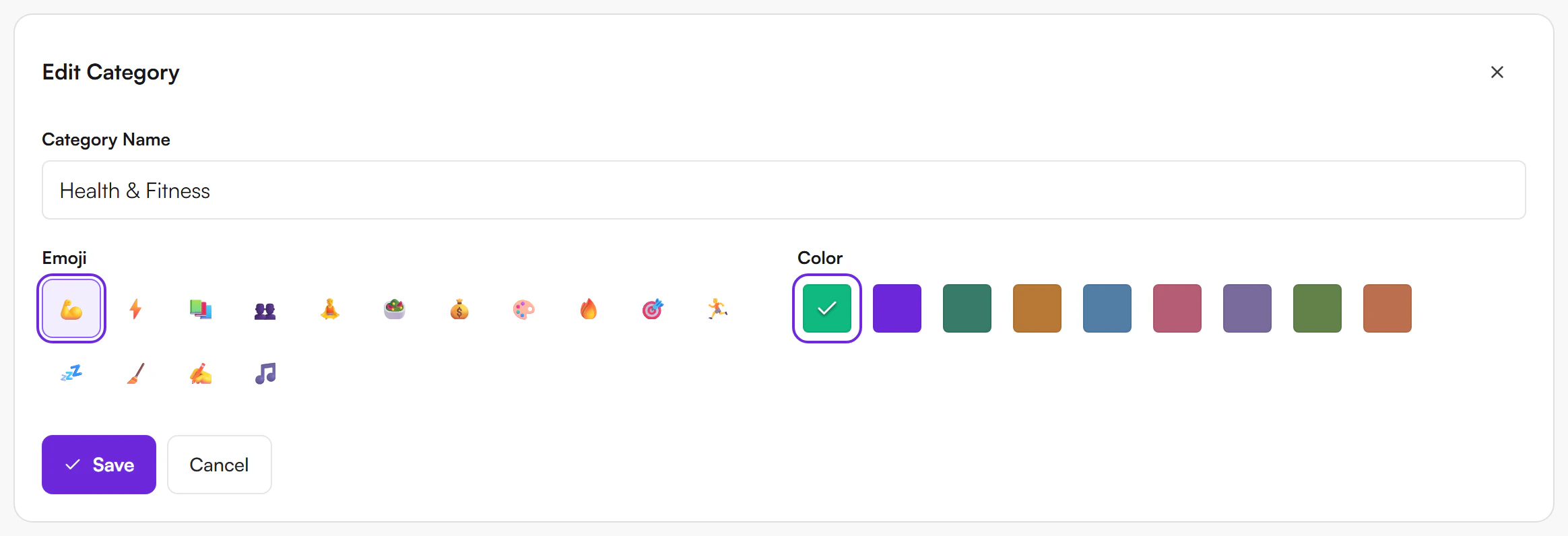 Edit Category form with the name Health and Fitness, the selected emoji and colour highlighted, and Save and Cancel buttons