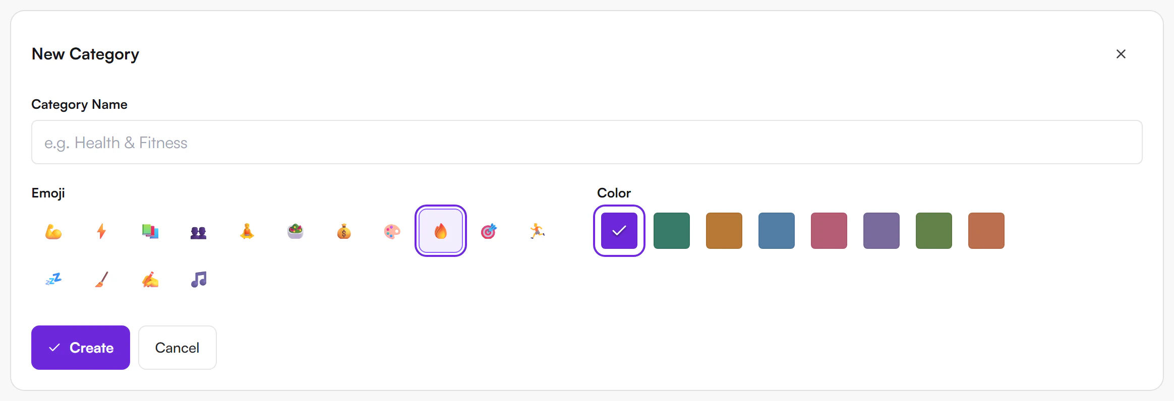New Category form with a Category Name field, a row of emoji choices, a row of colour swatches, and Create and Cancel buttons
