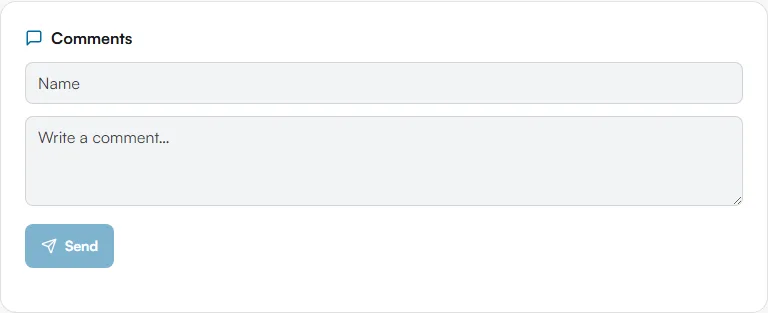 Comments section on the client portal with a Name field, a Write a comment box and a Send button