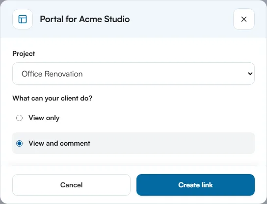 Portal for Acme Studio dialog with project Office Renovation and View and comment selected