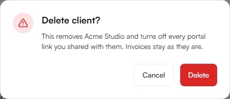 Delete client confirmation dialog for Acme Studio with Cancel and Delete buttons