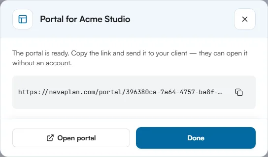 Portal ready dialog showing the portal link with a copy button, an Open portal button and a Done button