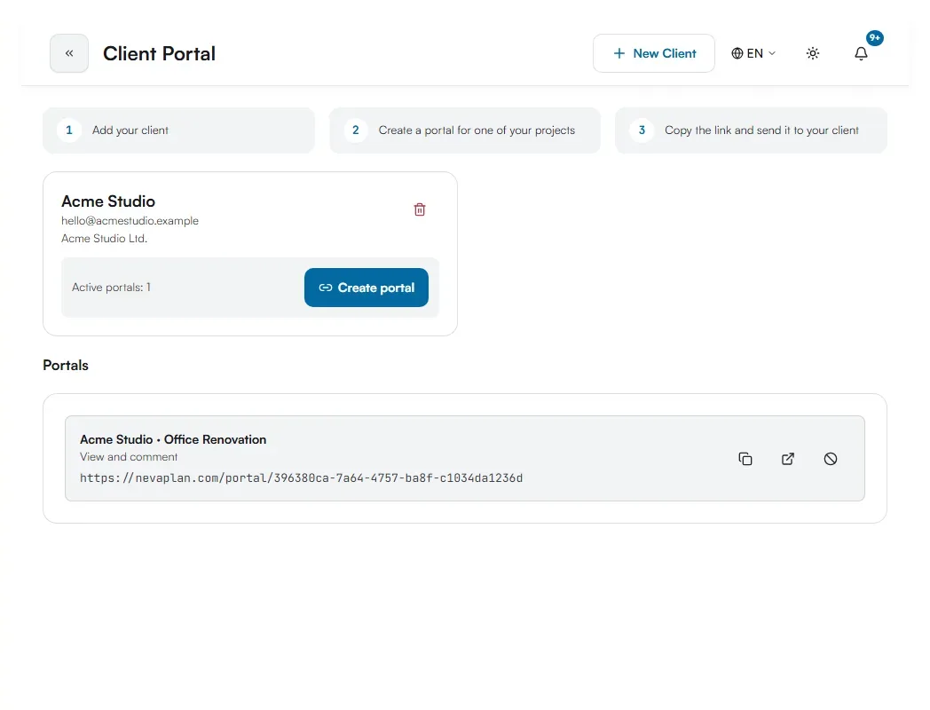 Client Portal page with the Acme Studio client card and one portal row for Office Renovation