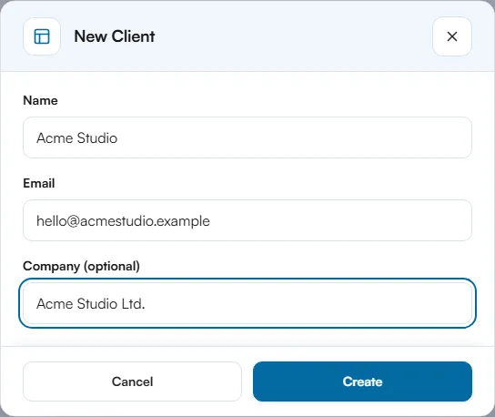 New Client dialog with Name, Email and Company fields filled in for Acme Studio
