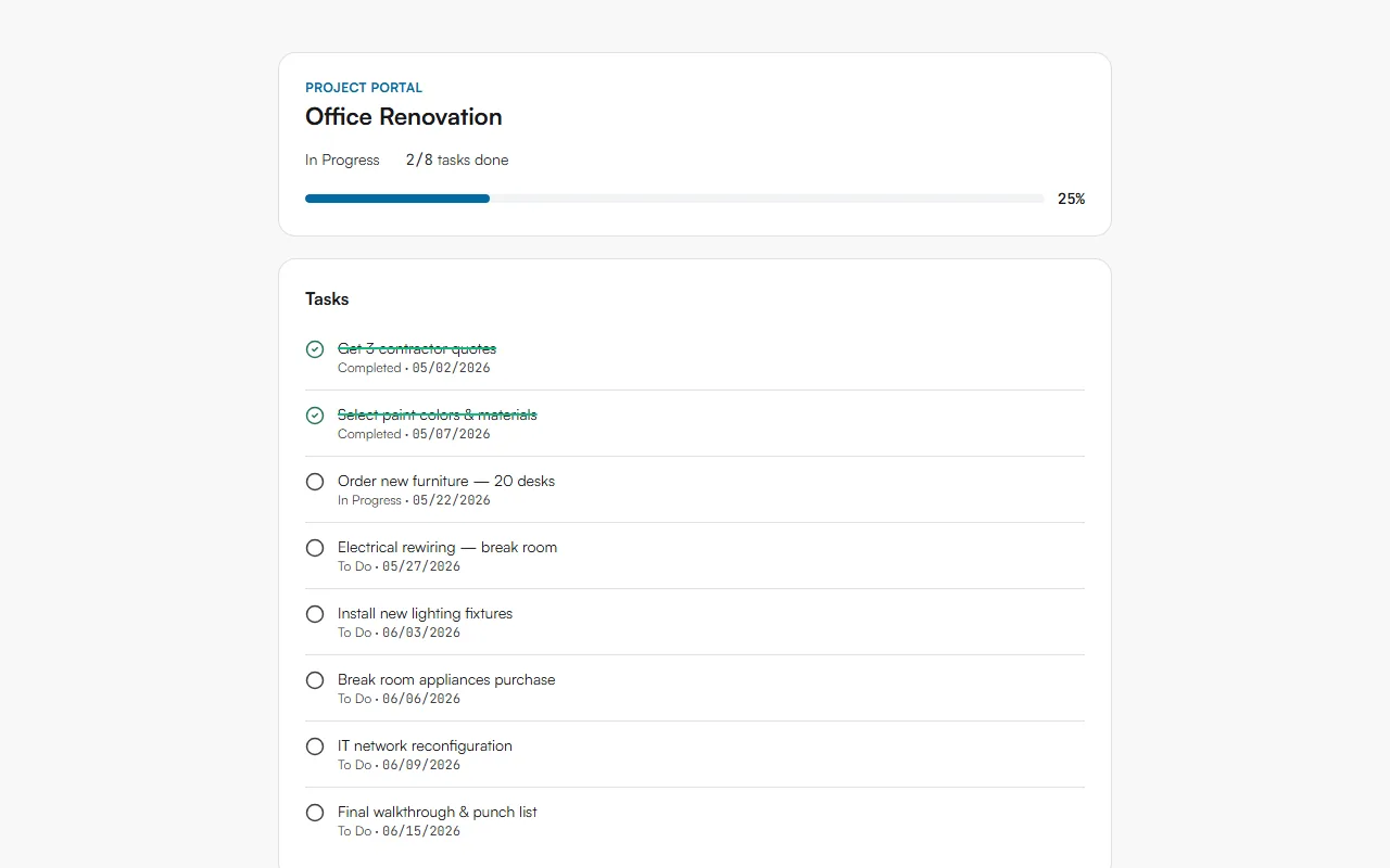 Public project portal page for Office Renovation showing 2 of 8 tasks done, 25 percent progress and the task list