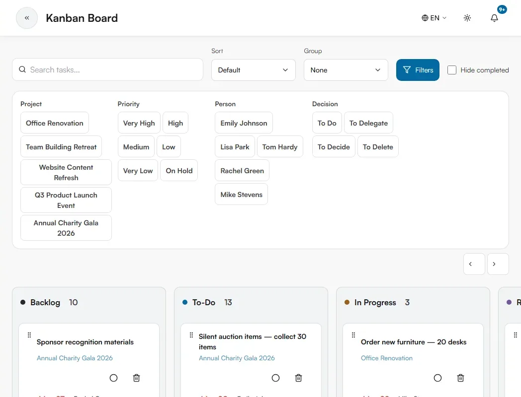 Kanban Board filter panel with Project, Priority, Person and Decision options