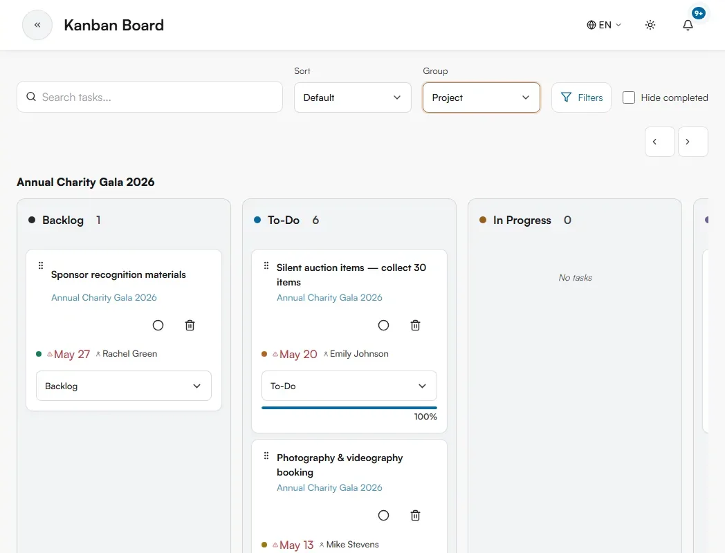 Kanban Board grouped by project, showing the Annual Charity Gala 2026 swimlane
