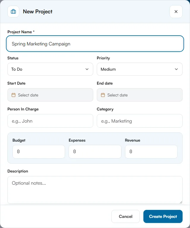 New Project dialog with fields for name, status, priority, dates, person in charge, category, budget and description