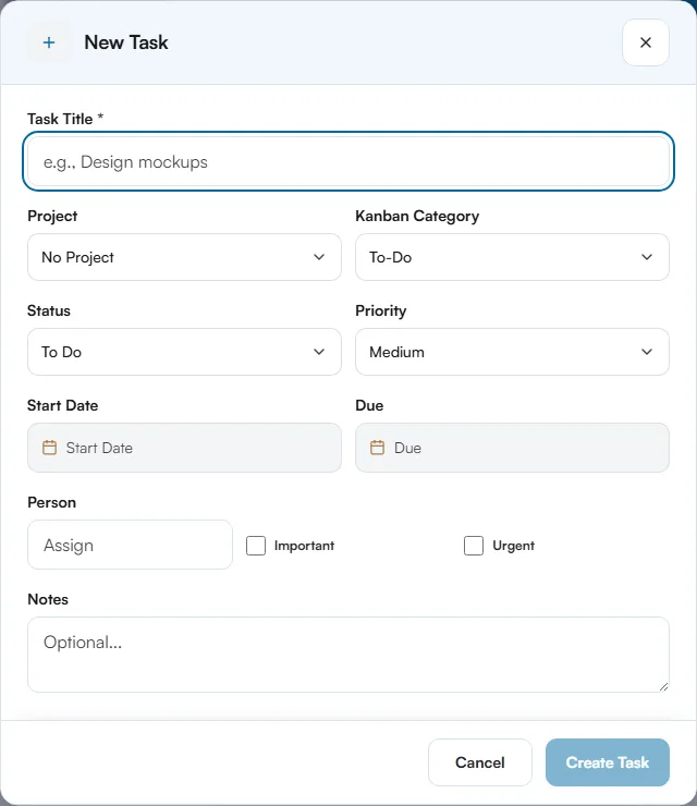 New Task dialog with fields for title, project, kanban category, status, priority, start date, due date, person, important, urgent and notes
