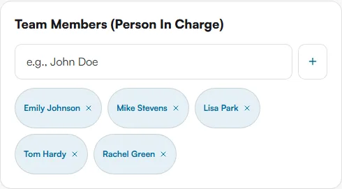 Team Members (Person In Charge) card with Emily Johnson, Mike Stevens, Lisa Park, Tom Hardy and Rachel Green