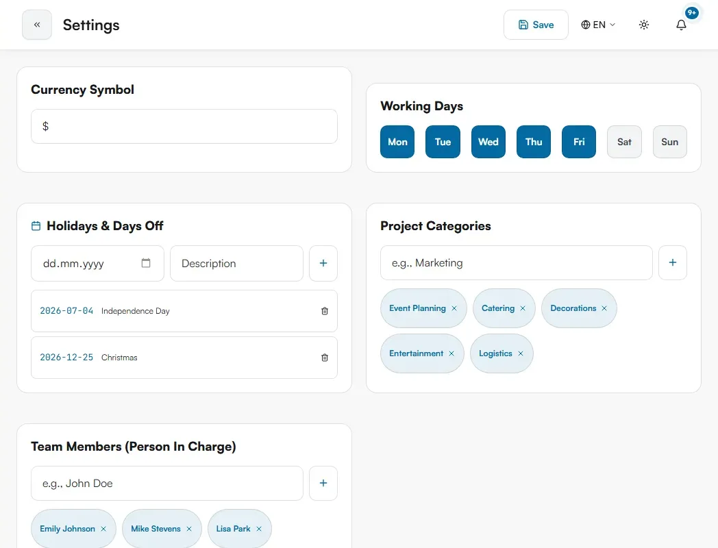 Project Manager Settings page with Currency Symbol, Working Days, Holidays and Days Off, Project Categories and Team Members cards