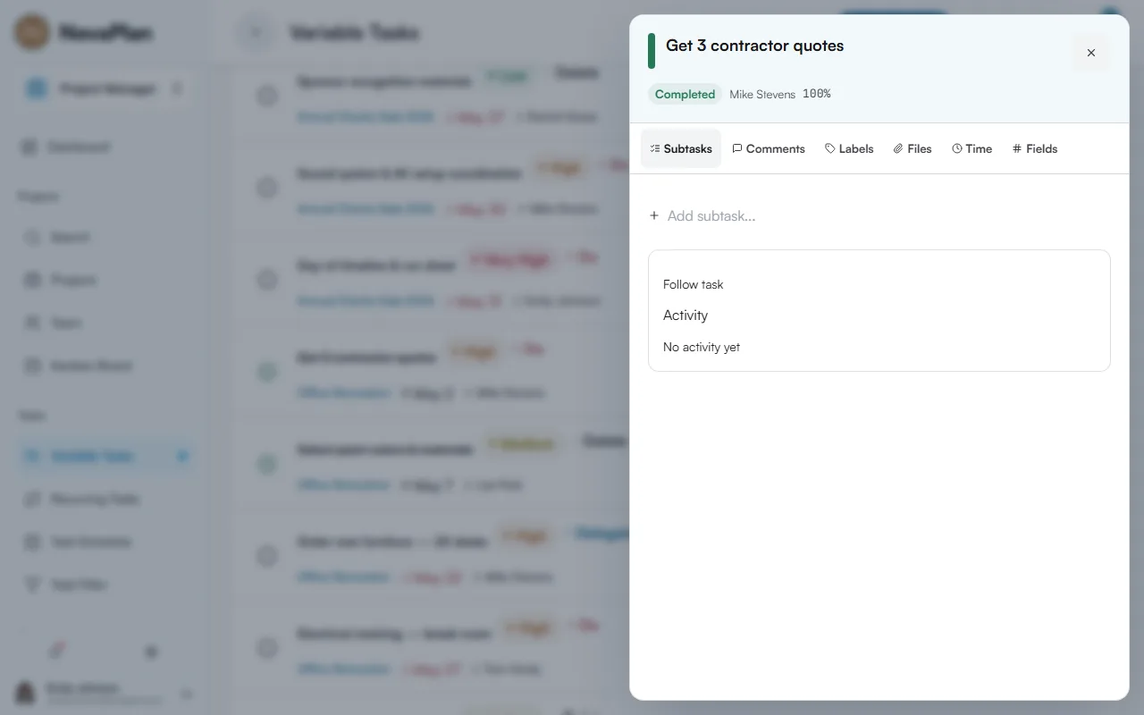 Task detail panel for Get 3 contractor quotes showing Subtasks, Comments, Labels, Files, Time and Fields tabs