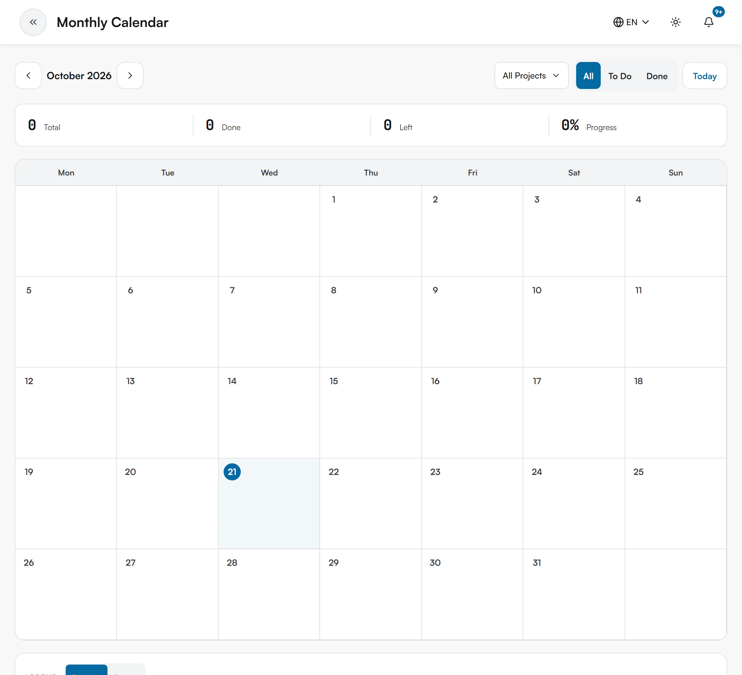 Monthly Calendar with month arrows, a project filter, an All, To Do and Done toggle, a Today button, four summary numbers and a grid of days with task dots