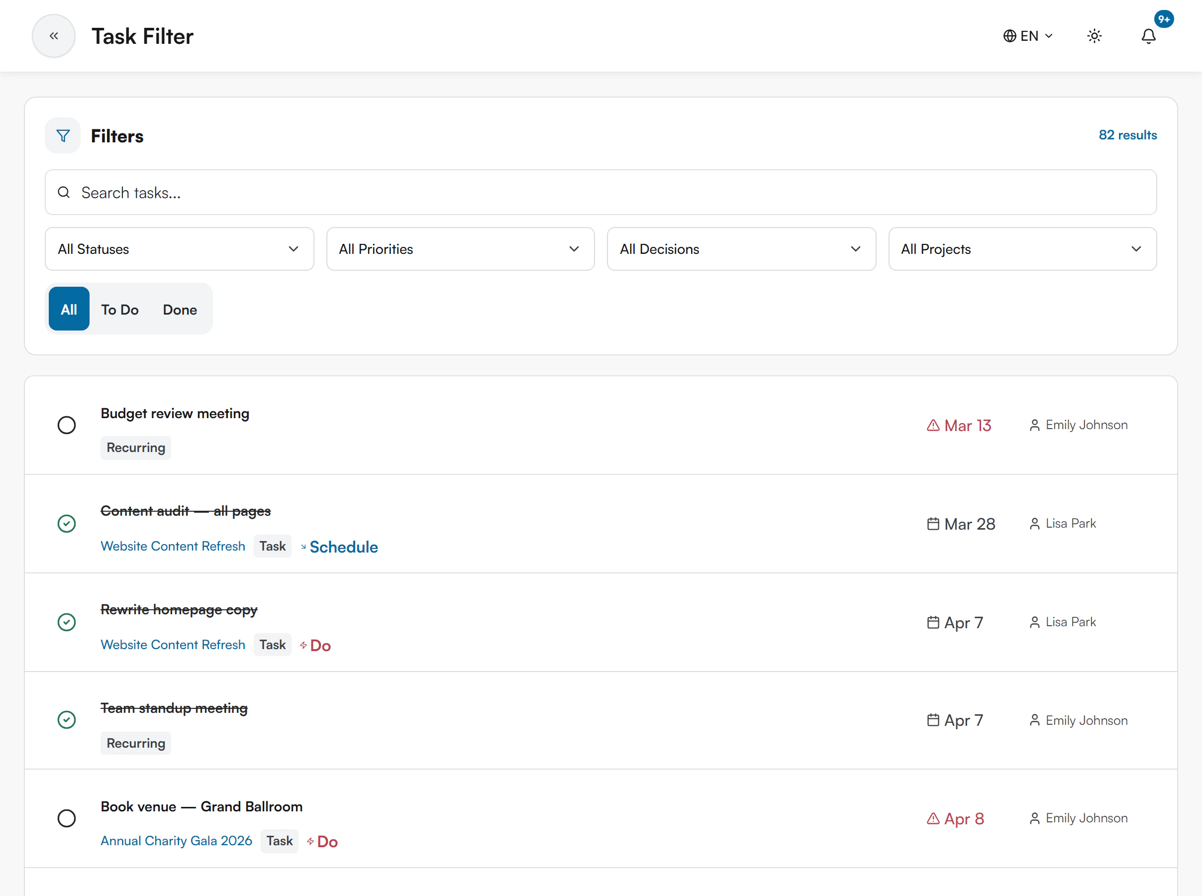 Task Filter page with a Filters card containing search, status, priority, decision and project dropdowns and an All, To Do and Done toggle above a list of tasks