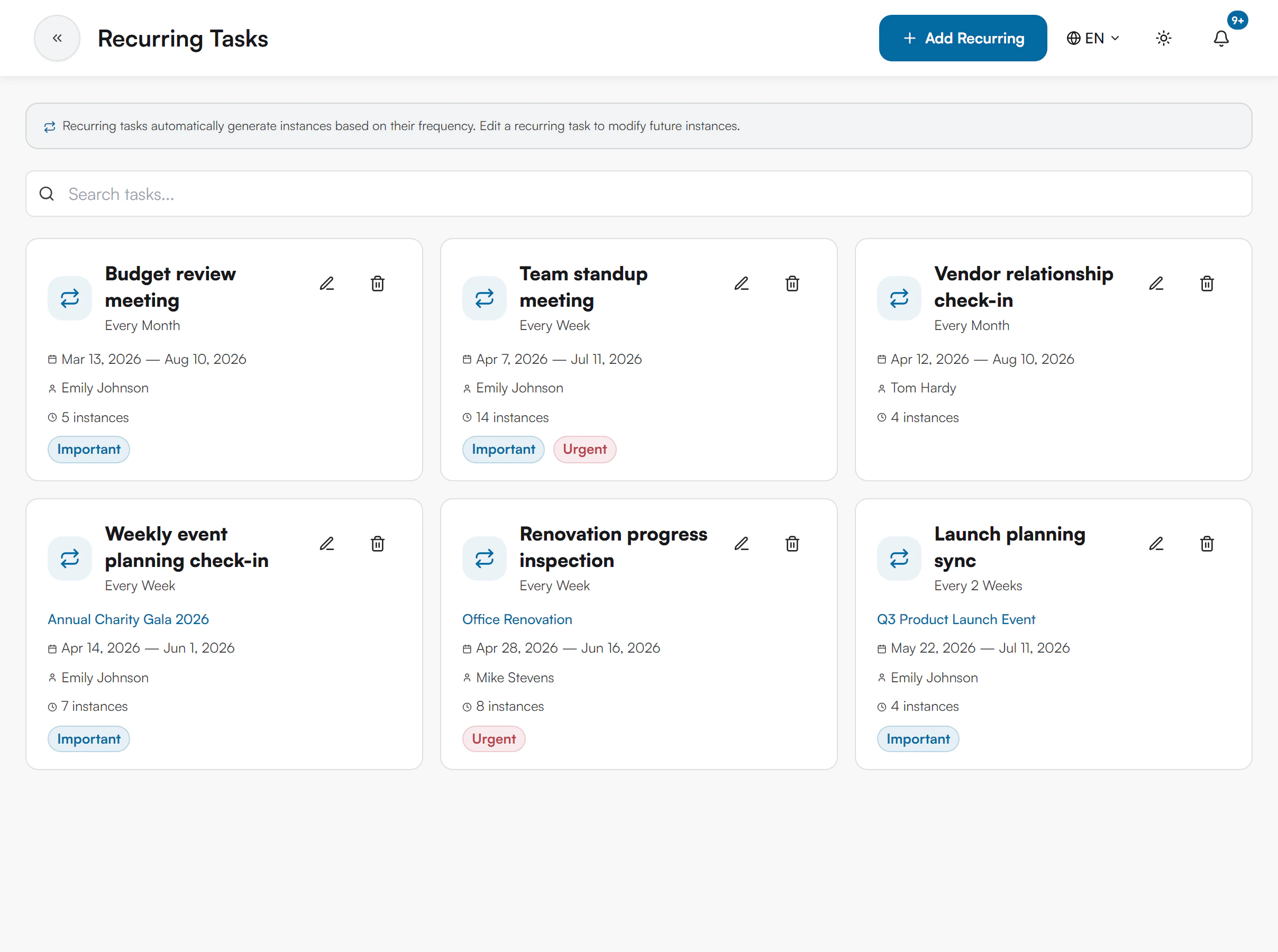 Recurring Tasks page with an Add Recurring button, a search box and cards showing frequency, dates, person and number of instances