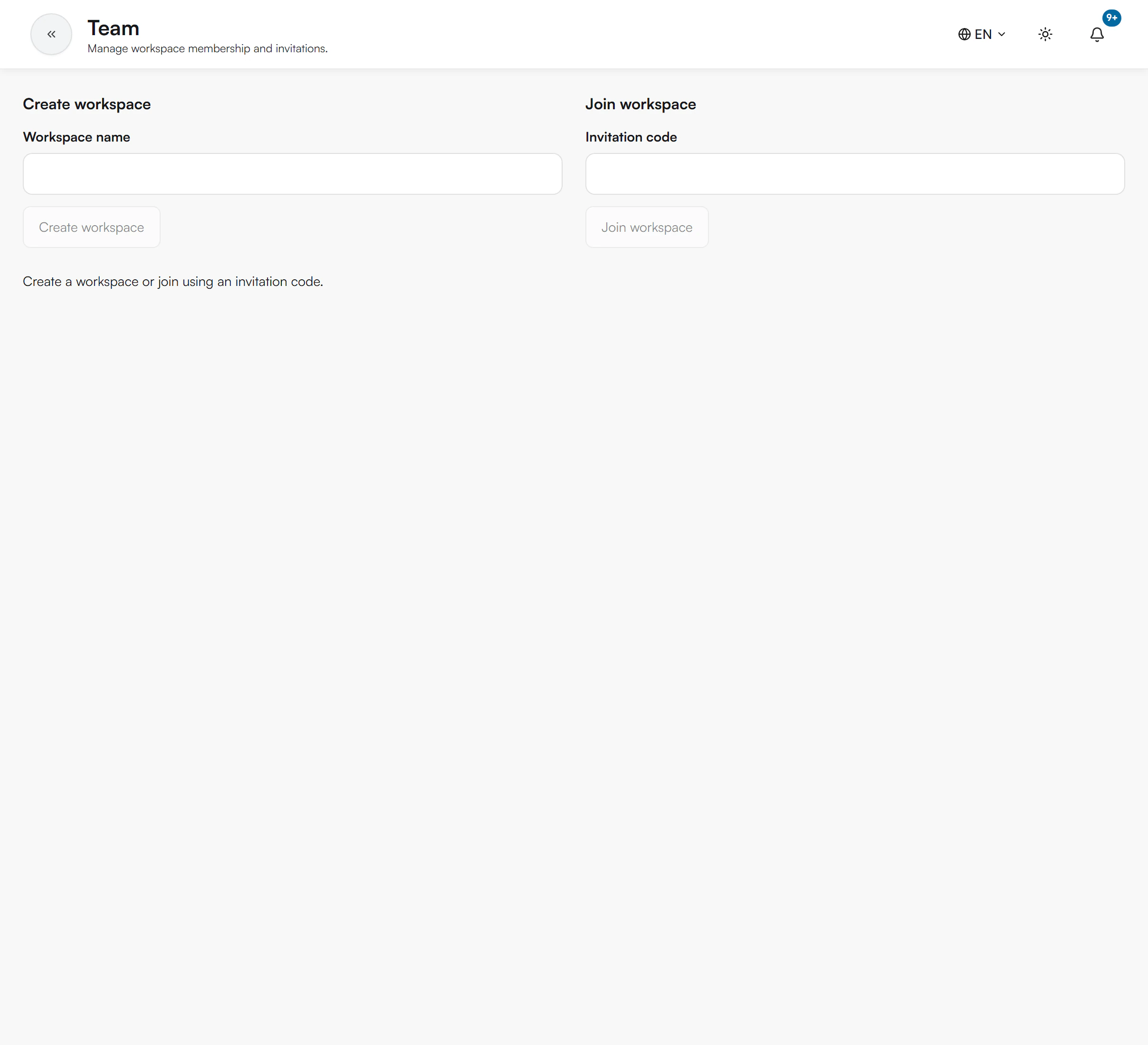 Team page with Create workspace and Join workspace forms, a Projects section, a Members list and an invitation form