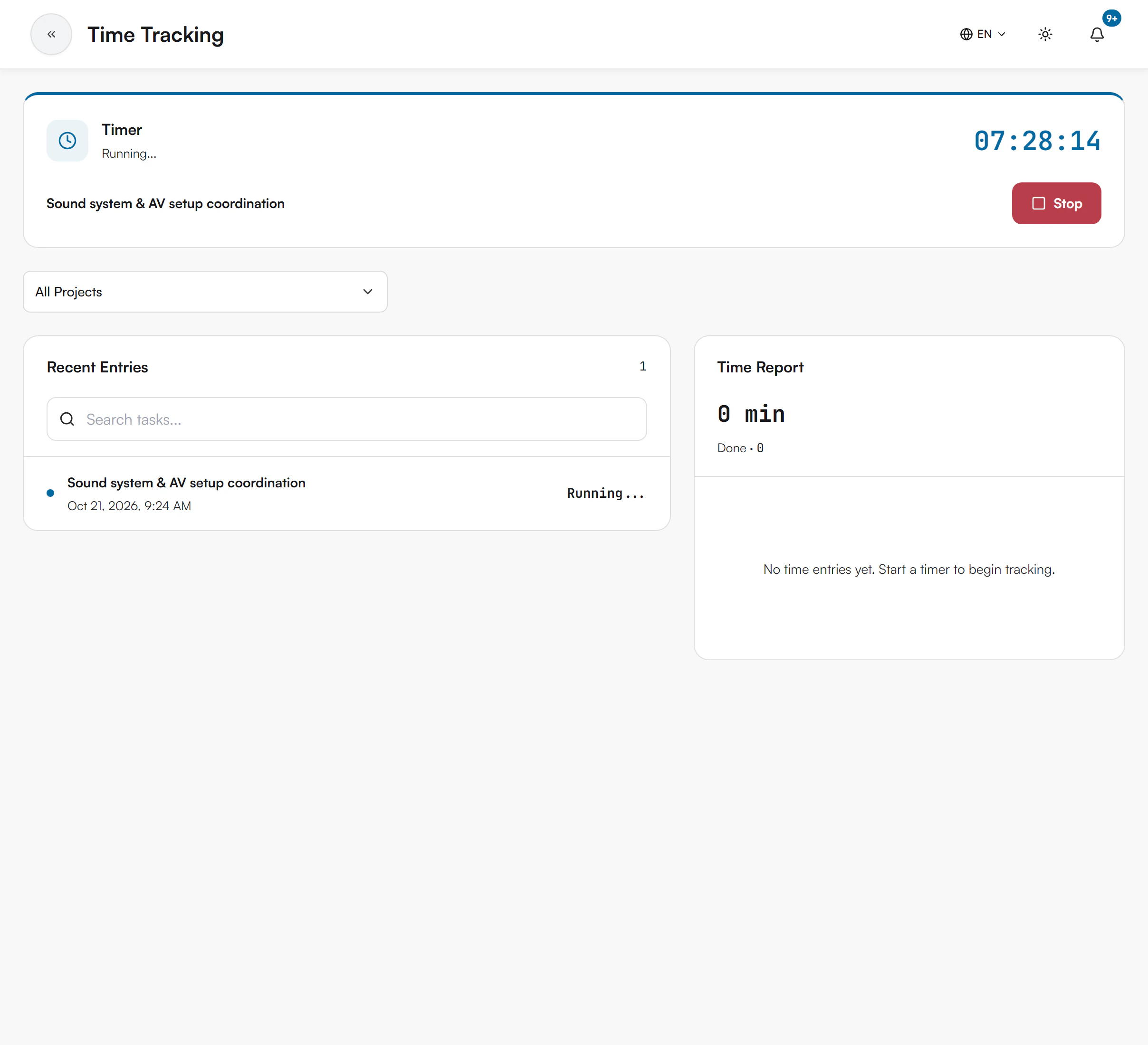 Time Tracking page with a timer card, a project filter, a Recent Entries list and a Time Report