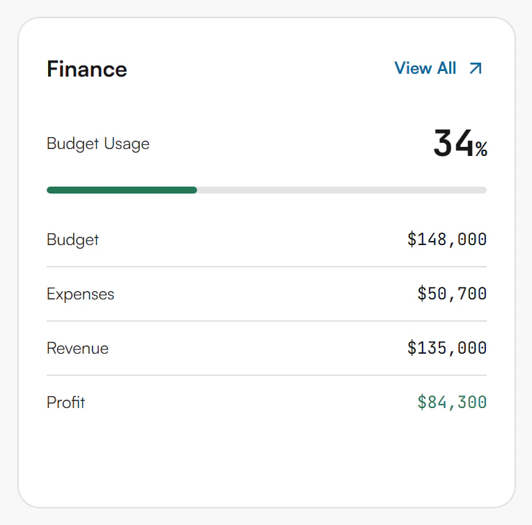 Finance panel showing Budget Usage of 34 percent, Budget, Expenses, Revenue and Profit