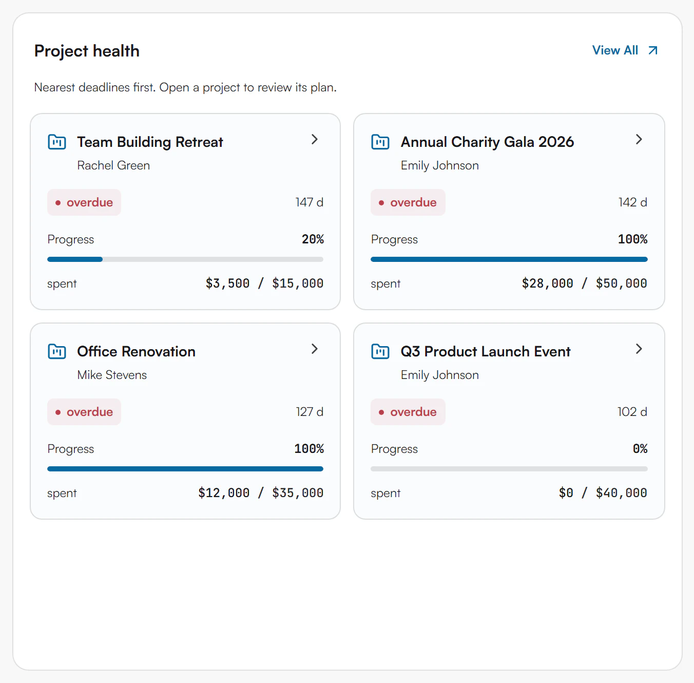 Project health panel with four project cards, each showing an overdue badge, days left, progress and spent amount