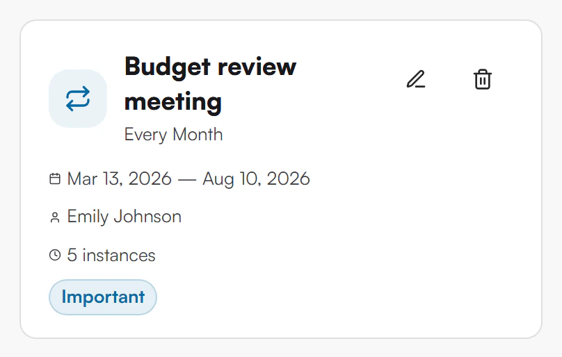 Recurring task card for Budget review meeting showing Every Month, a date range, the person Emily Johnson, 5 instances and an Important badge, with a pencil and a trash icon