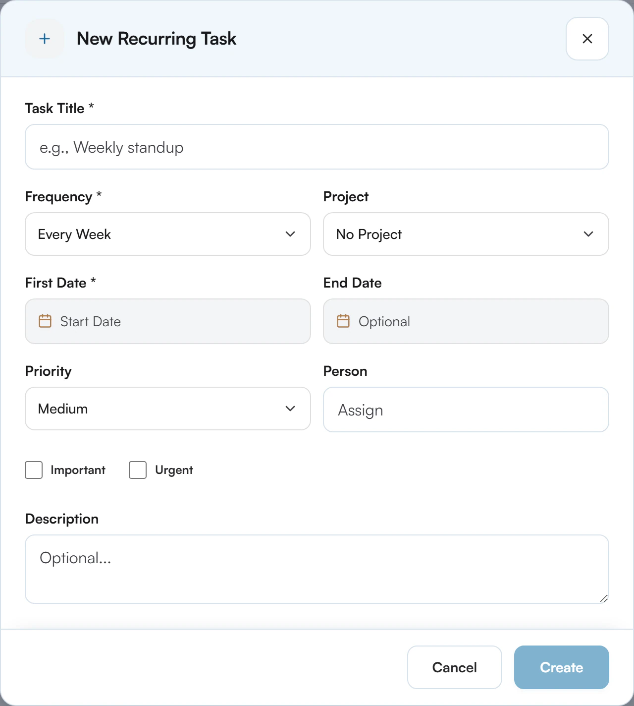 New Recurring Task dialog with Task Title, Frequency set to Every Week, Project set to No Project, First Date, End Date, Priority set to Medium, Person, Important and Urgent boxes, Description, and Cancel and Create buttons