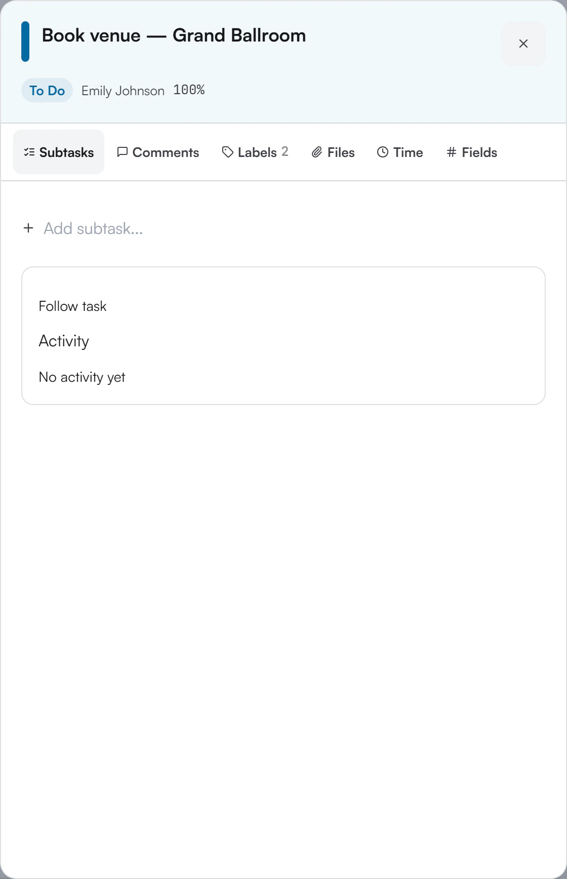 Task Detail Panel open on the Subtasks tab, with an Add subtask field, the Follow task button and an empty Activity list