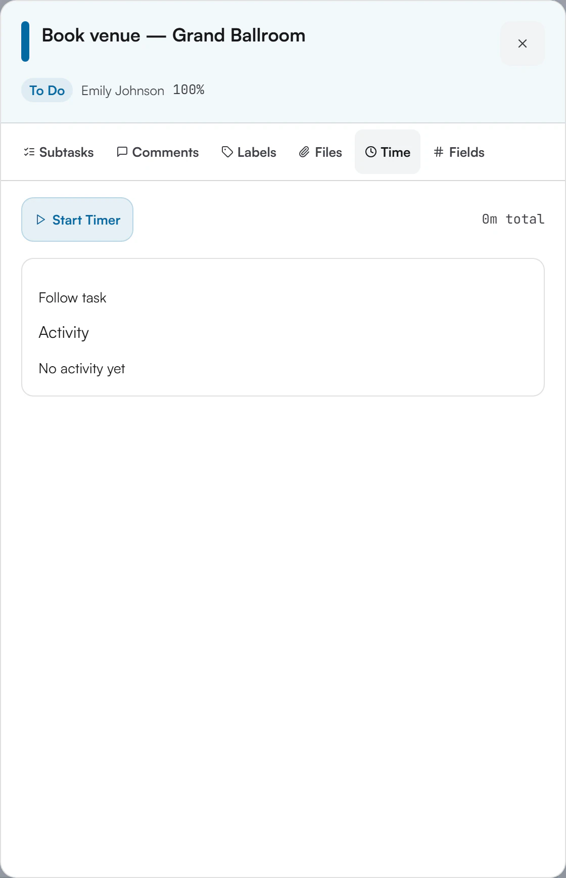 Task Detail Panel on the Time tab, showing a Start Timer button and 0m total on the right