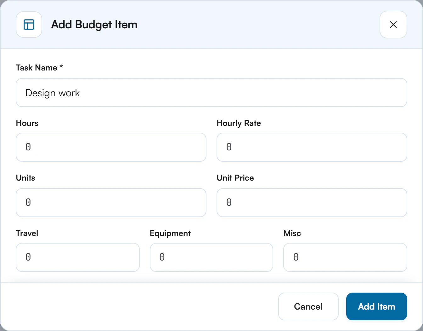 Add Budget Item dialog with Task Name, Hours, Hourly Rate, Units, Unit Price, Travel, Equipment and Misc fields, and Cancel and Add Item buttons