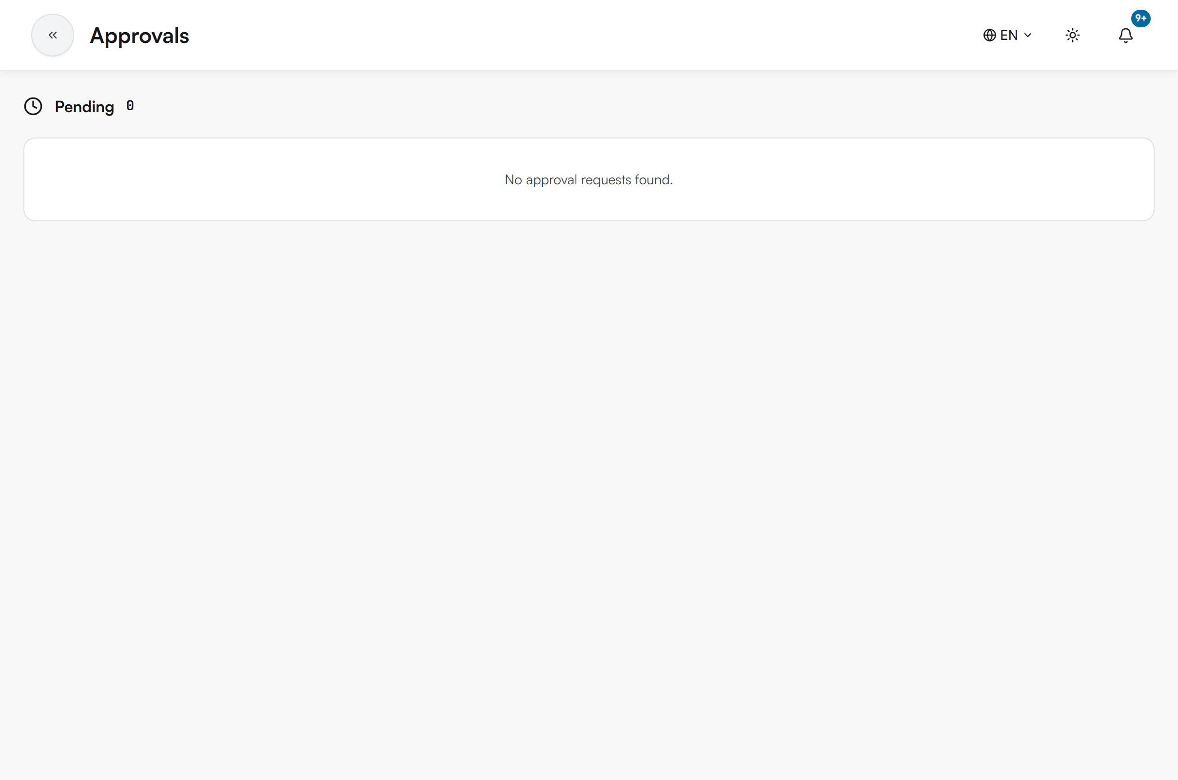 Approvals page with a Pending heading and count 0 and the message No approval requests found.
