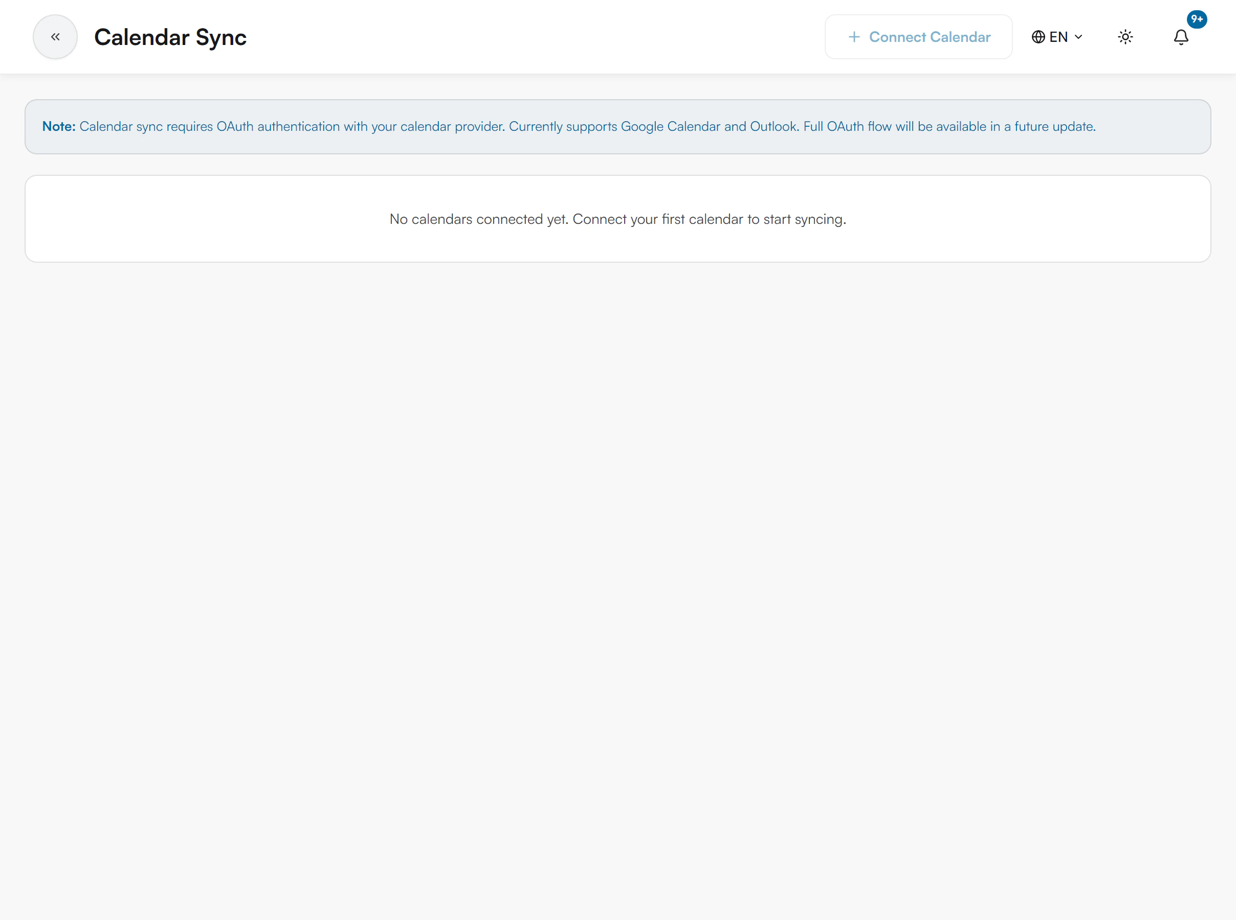 Calendar Sync page showing a note banner, an empty state and a disabled Connect Calendar button