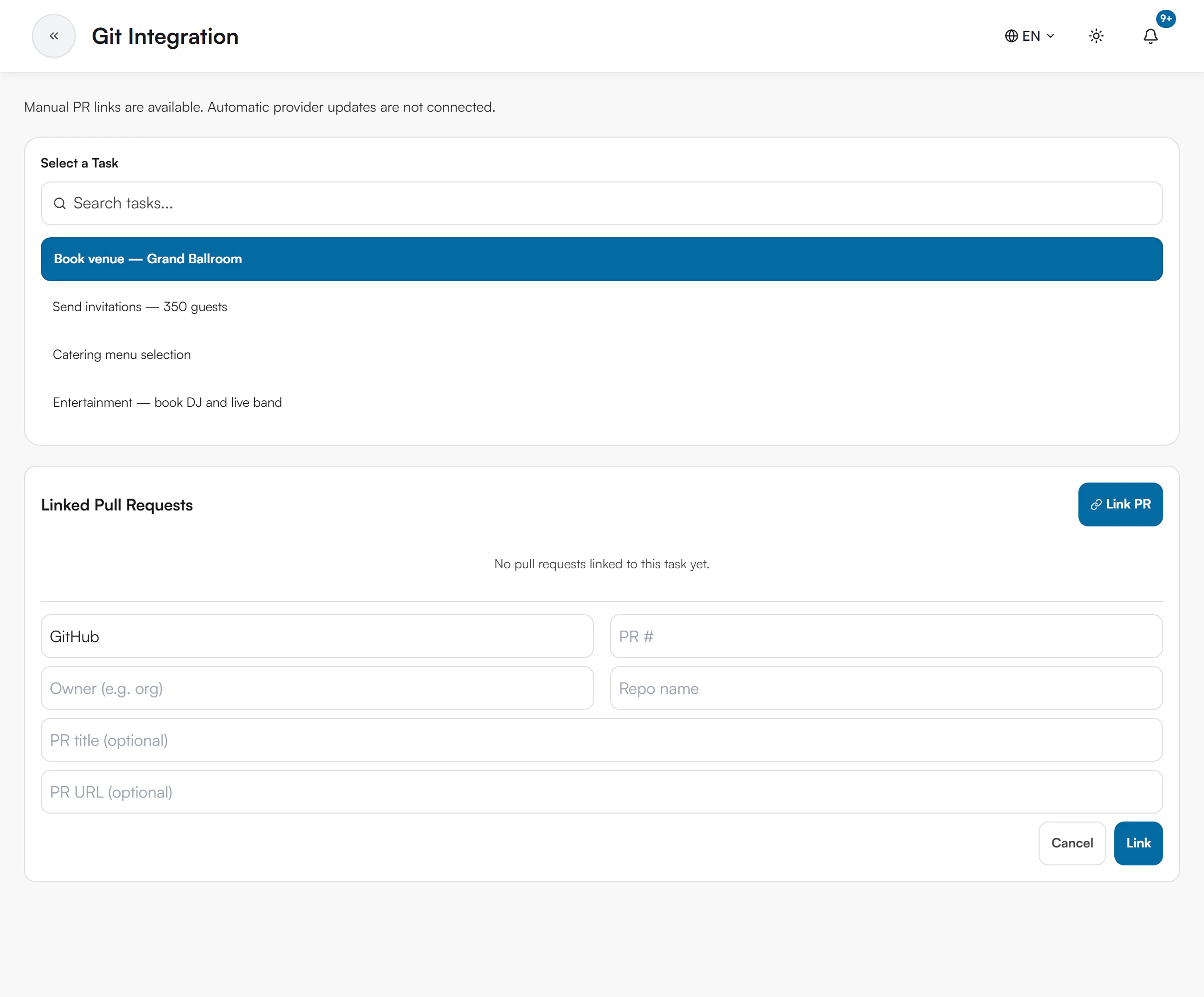 Linked Pull Requests panel for the selected task Book venue, with a Link PR button and the link form showing a GitHub provider box, PR number, Owner, Repo name, PR title and PR URL fields, and Cancel and Link buttons