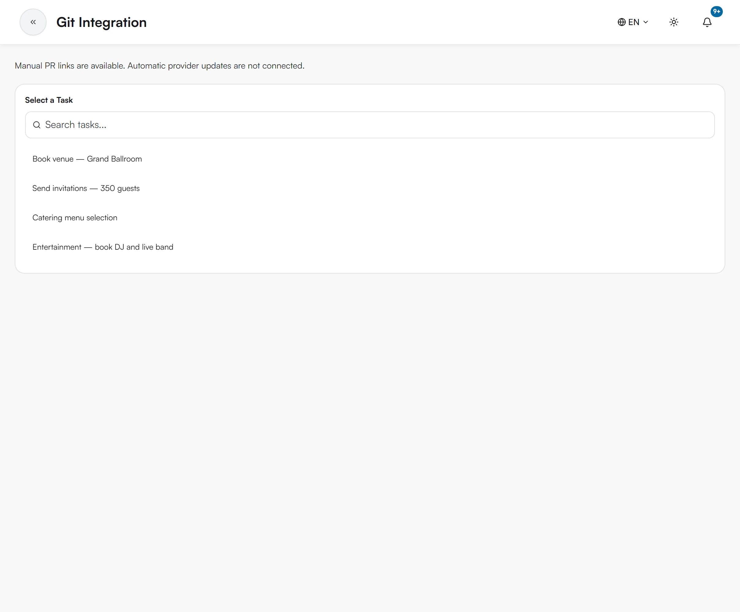 Git Integration page with the manual links notice, a task search box and a list of tasks