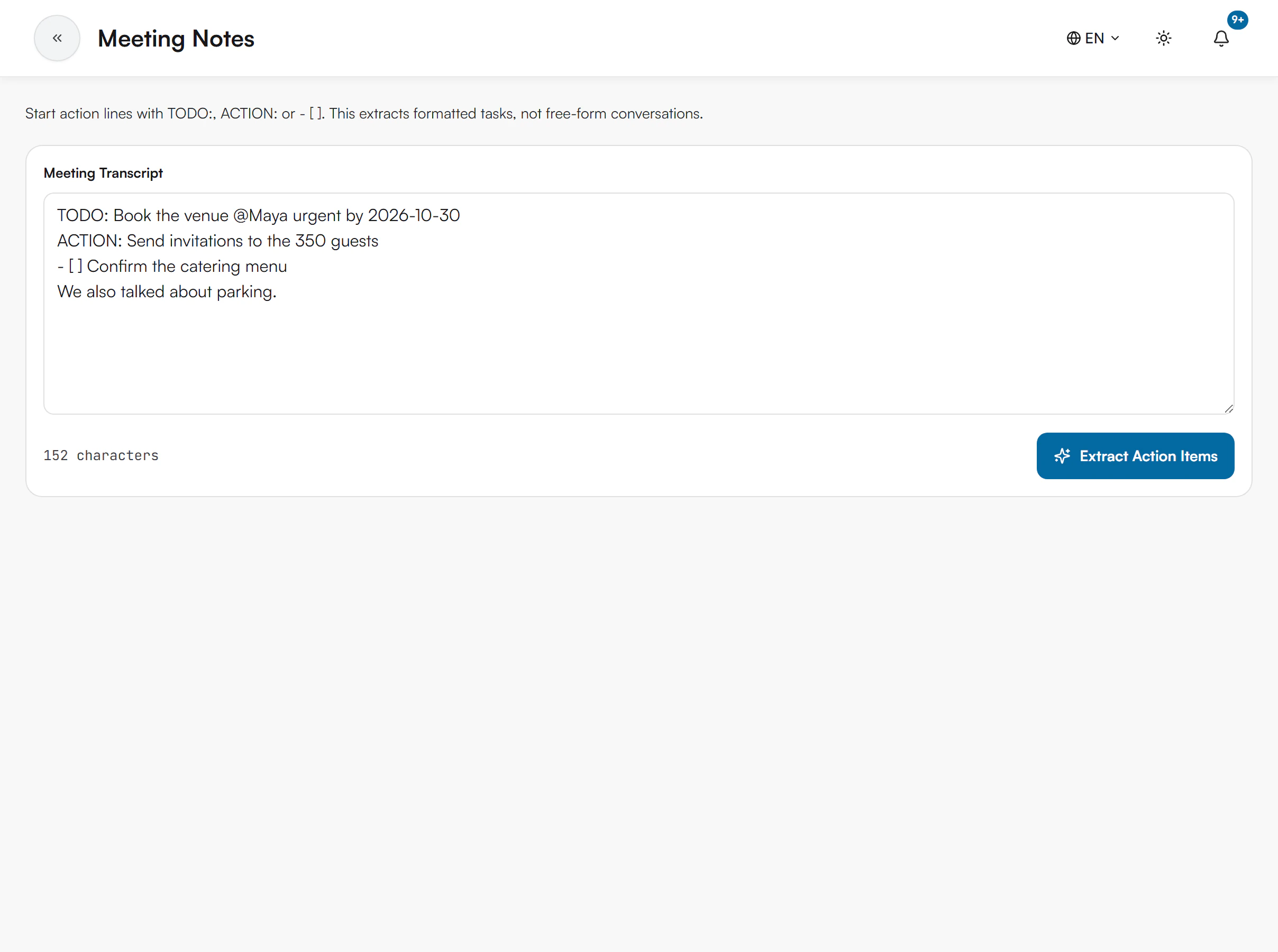 Meeting Notes page with the formatting hint, a Meeting Transcript text box, a character counter and the Extract Action Items button