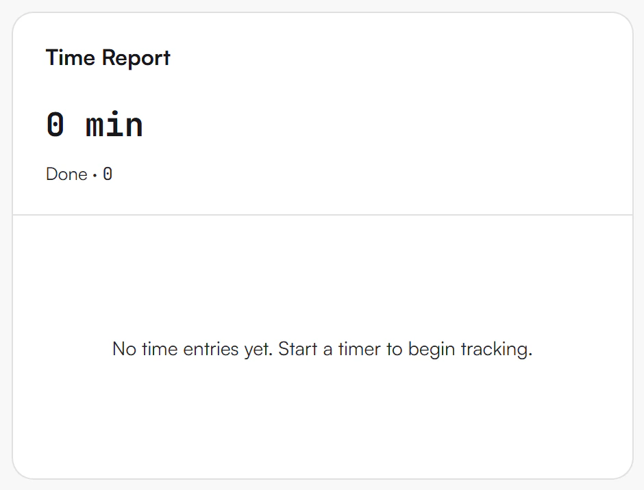 Time Report card showing 0 min, Done with 0, and the message No time entries yet. Start a timer to begin tracking.