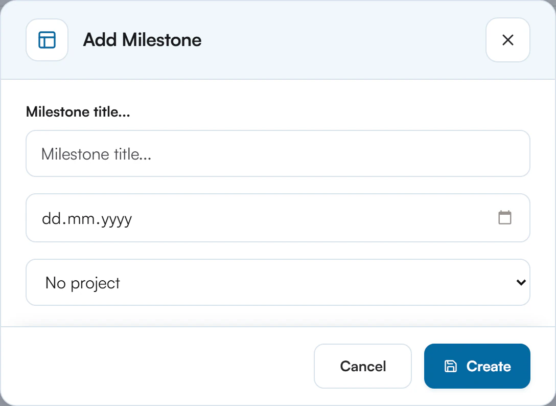 Add Milestone dialog with a title field, a date field and a project selector