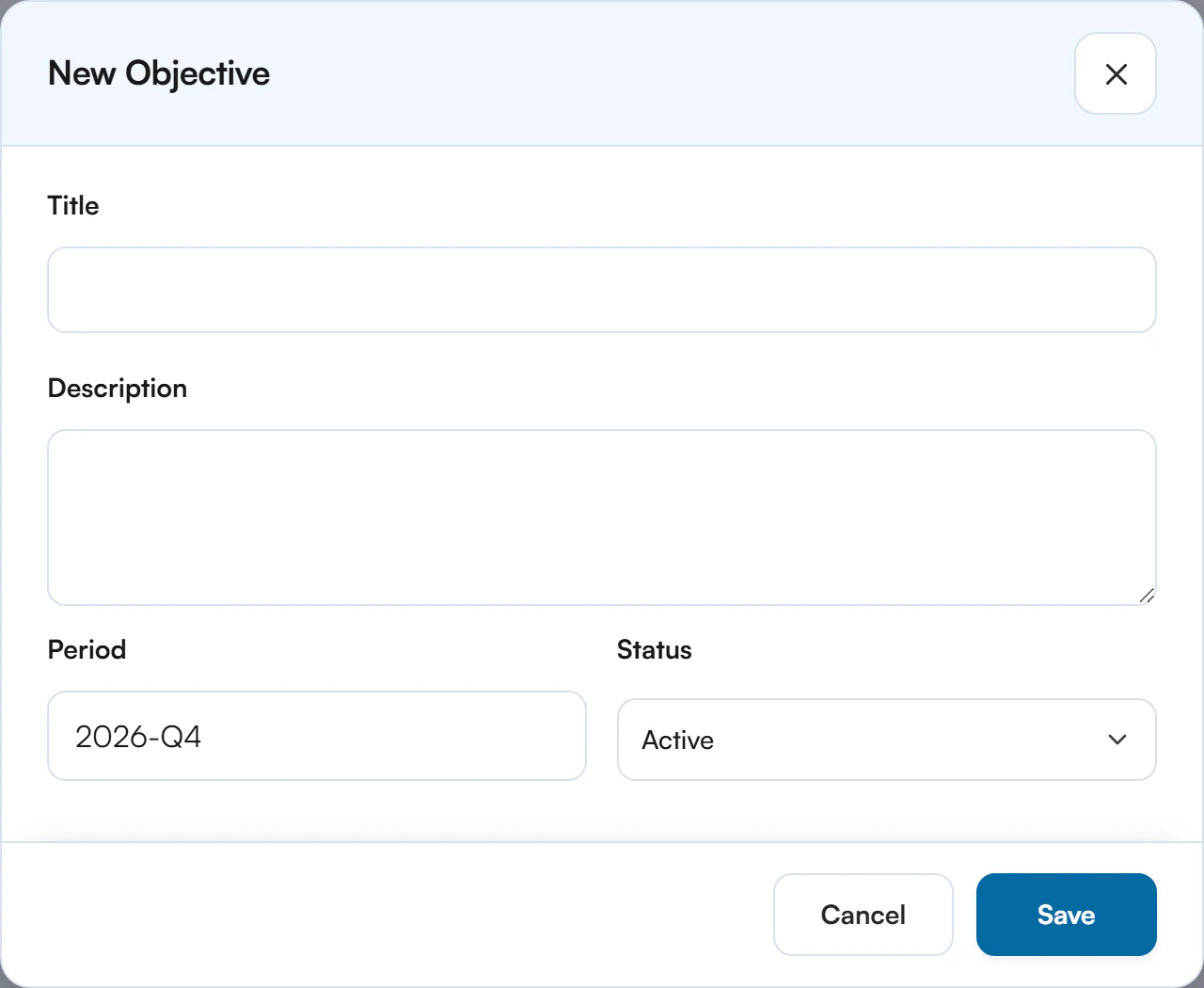 New Objective dialog with Title and Description fields, Period set to 2026-Q4 and Status set to Active