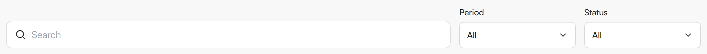 OKR toolbar with a Search box and Period and Status dropdowns set to All