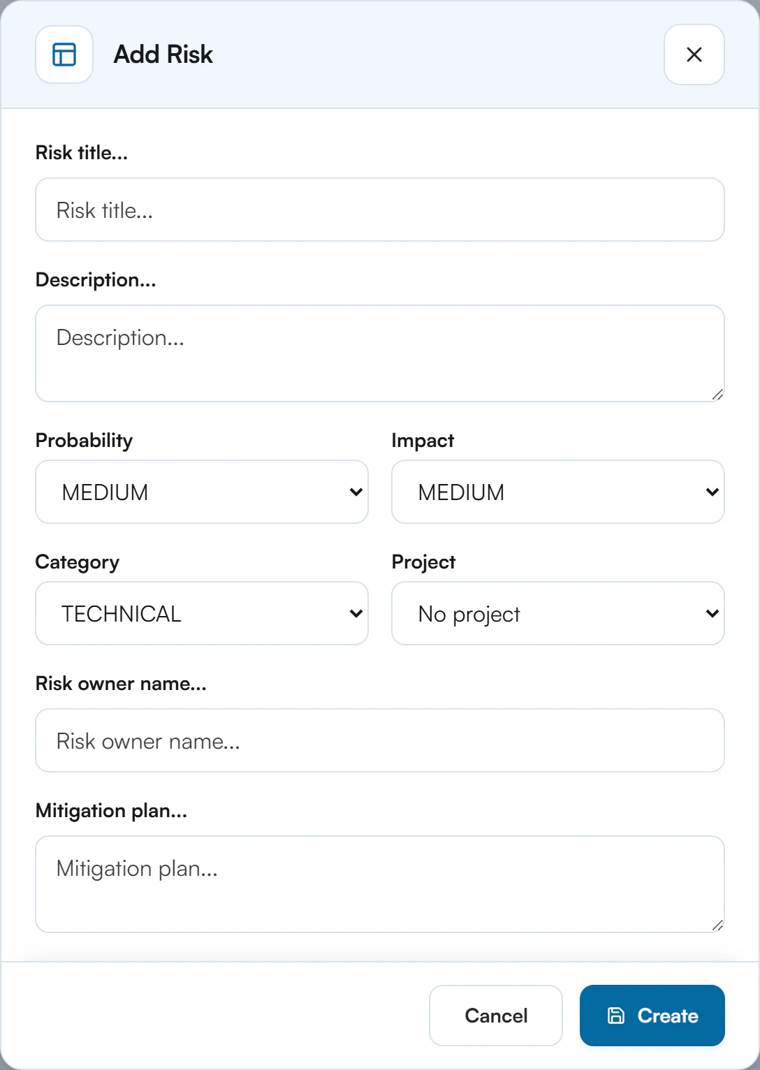 Add Risk form with Risk title, Description, Probability and Impact selects set to MEDIUM, Category set to TECHNICAL, Project and owner fields and a Create button