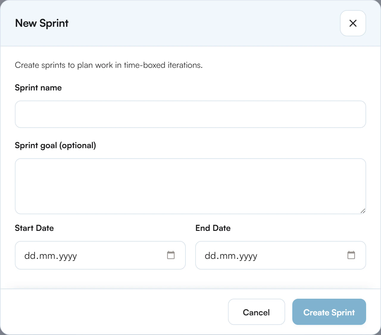 New Sprint dialog with Sprint name, Sprint goal, Start Date and End Date fields