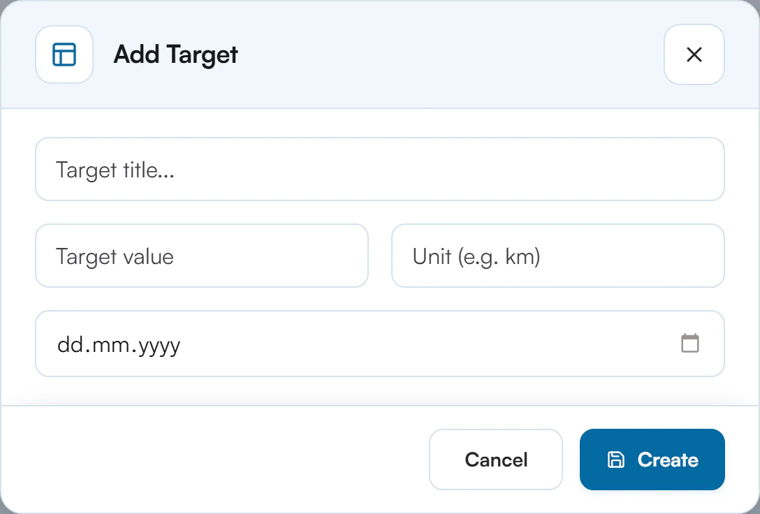 Add Target dialog with Target title, Target value, Unit and due date fields and Cancel and Create buttons