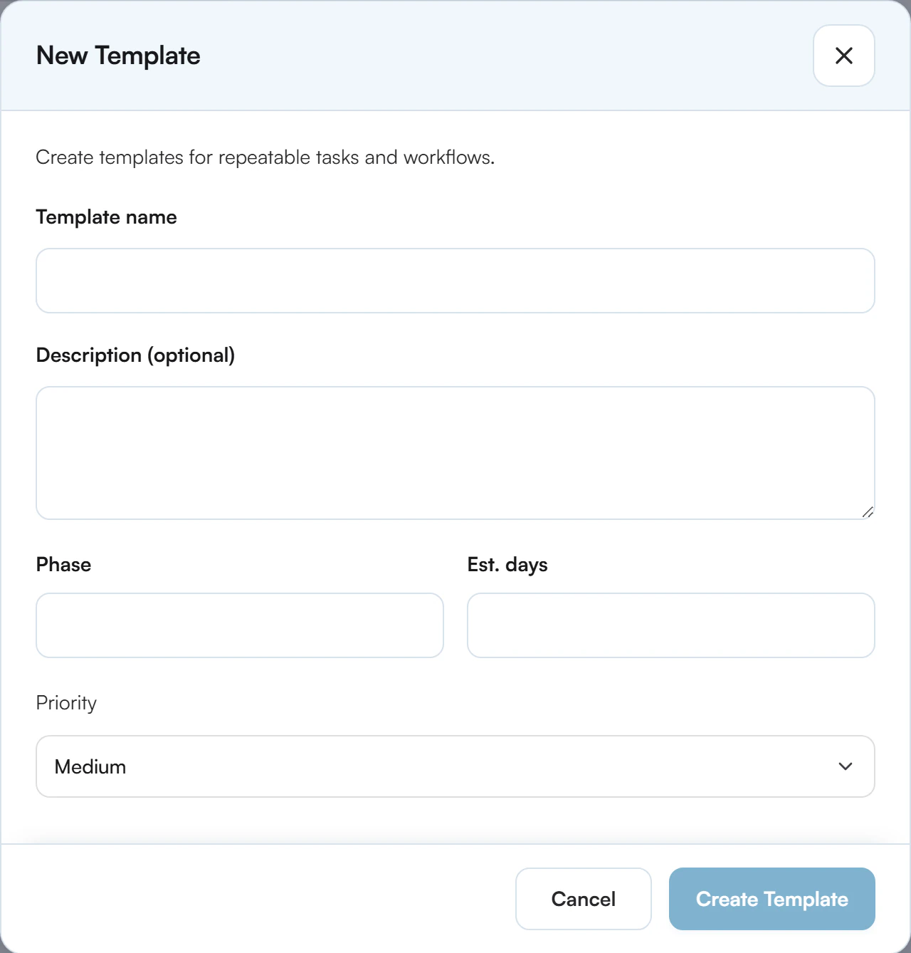 New Template dialog with Template name, Description, Phase, Est. days and Priority fields