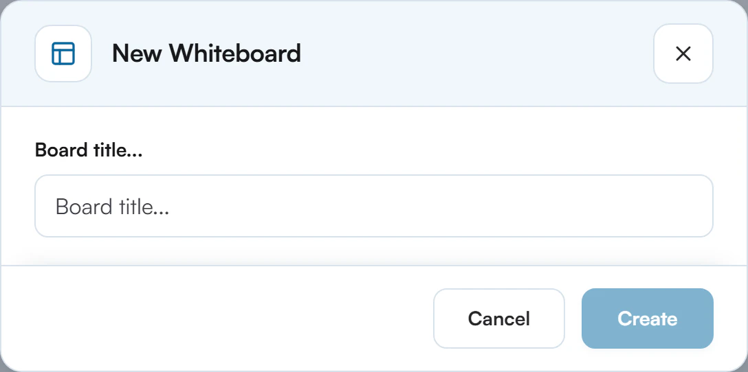 New Whiteboard dialog with a Board title field and Cancel and Create buttons